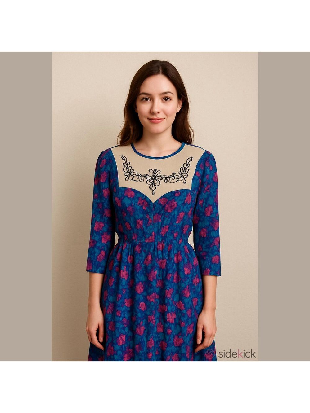 Vintage Floral Dress Embroidered Peter Pan Collar Long Sleeves